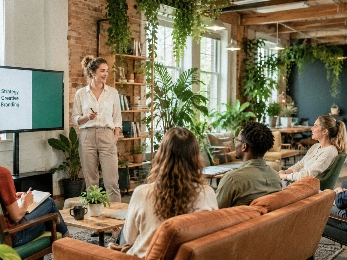 Session de travail Waftee — présentation d’une stratégie de marque devant un groupe